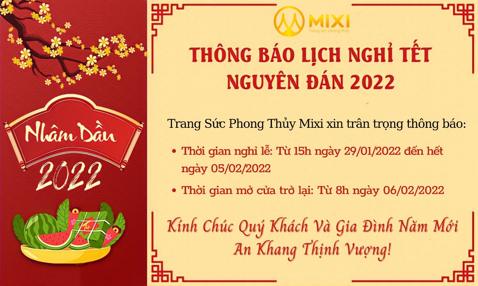Mixi xin trân trọng thông báo Lịch nghỉ Tết Nguyên Đán 2022